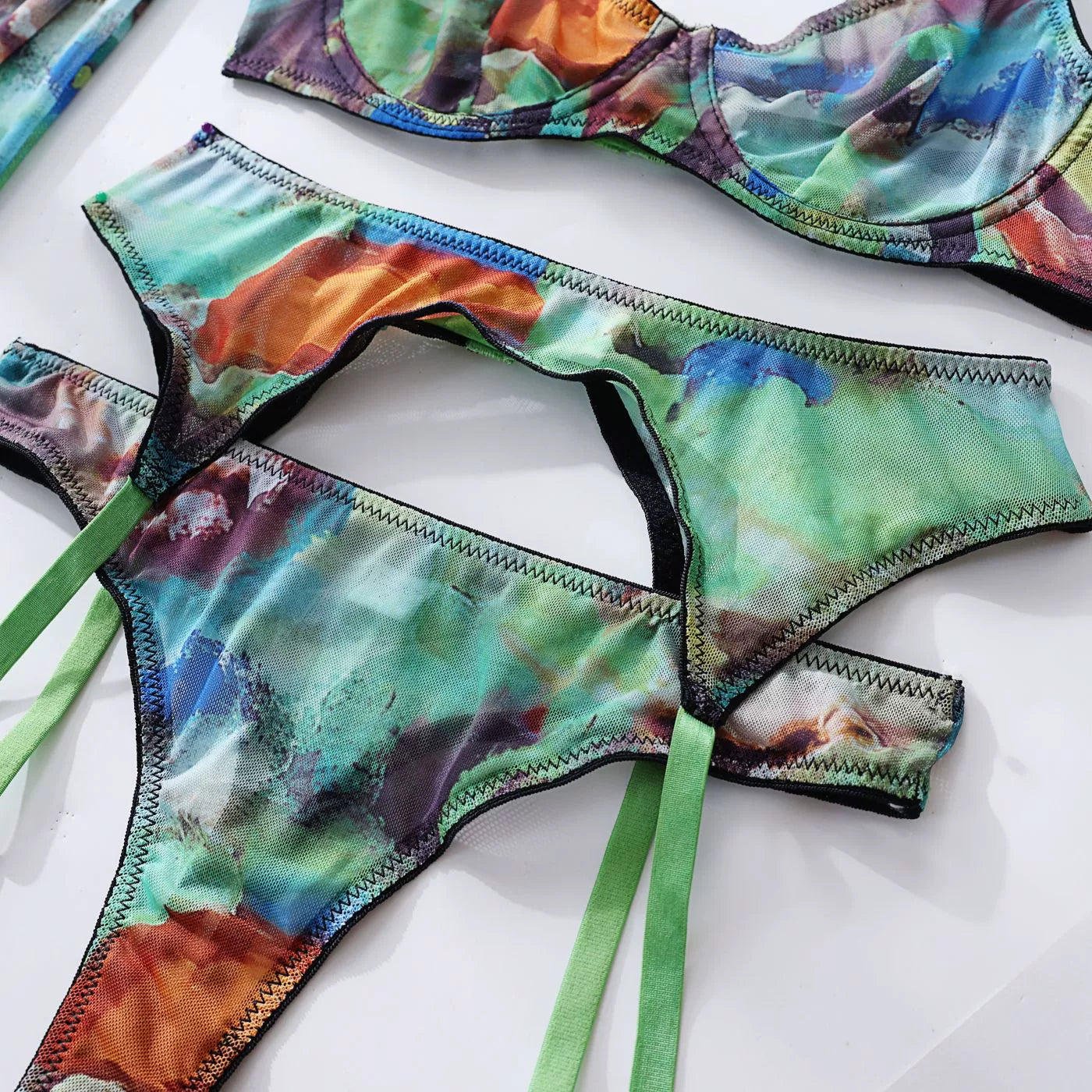 Army Green Mesh Floral 4-Piece Set