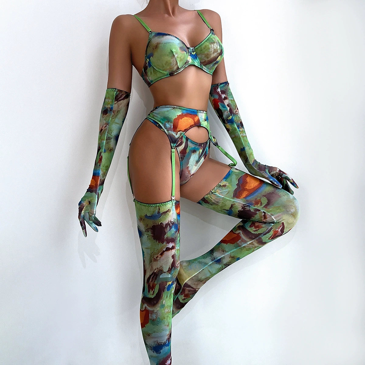 Army Green Mesh Floral 4-Piece Set