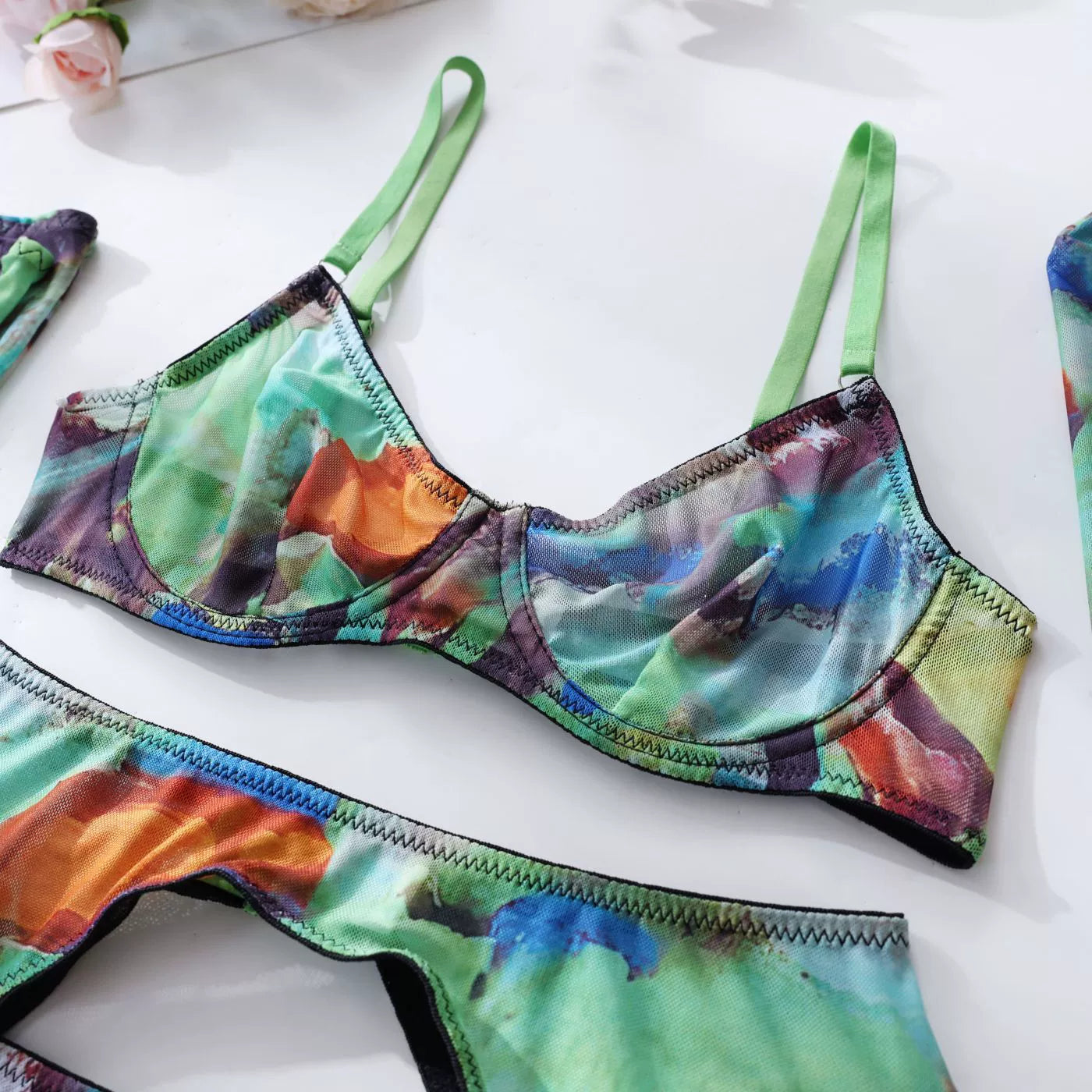 Army Green Mesh Floral 4-Piece Set