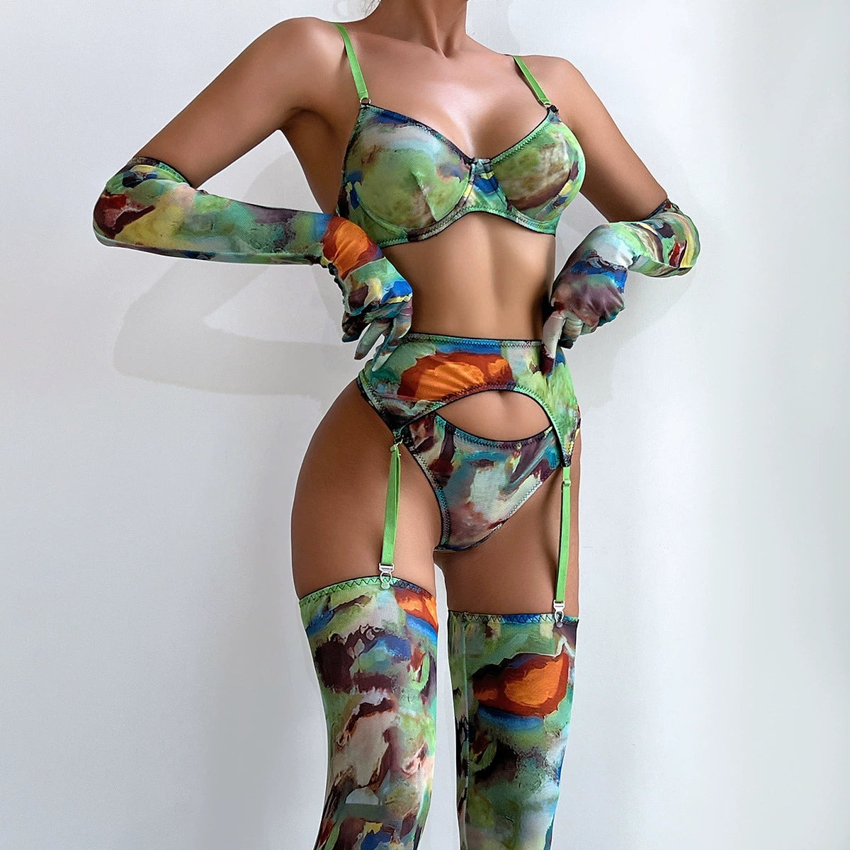 Army Green Mesh Floral 4-Piece Set