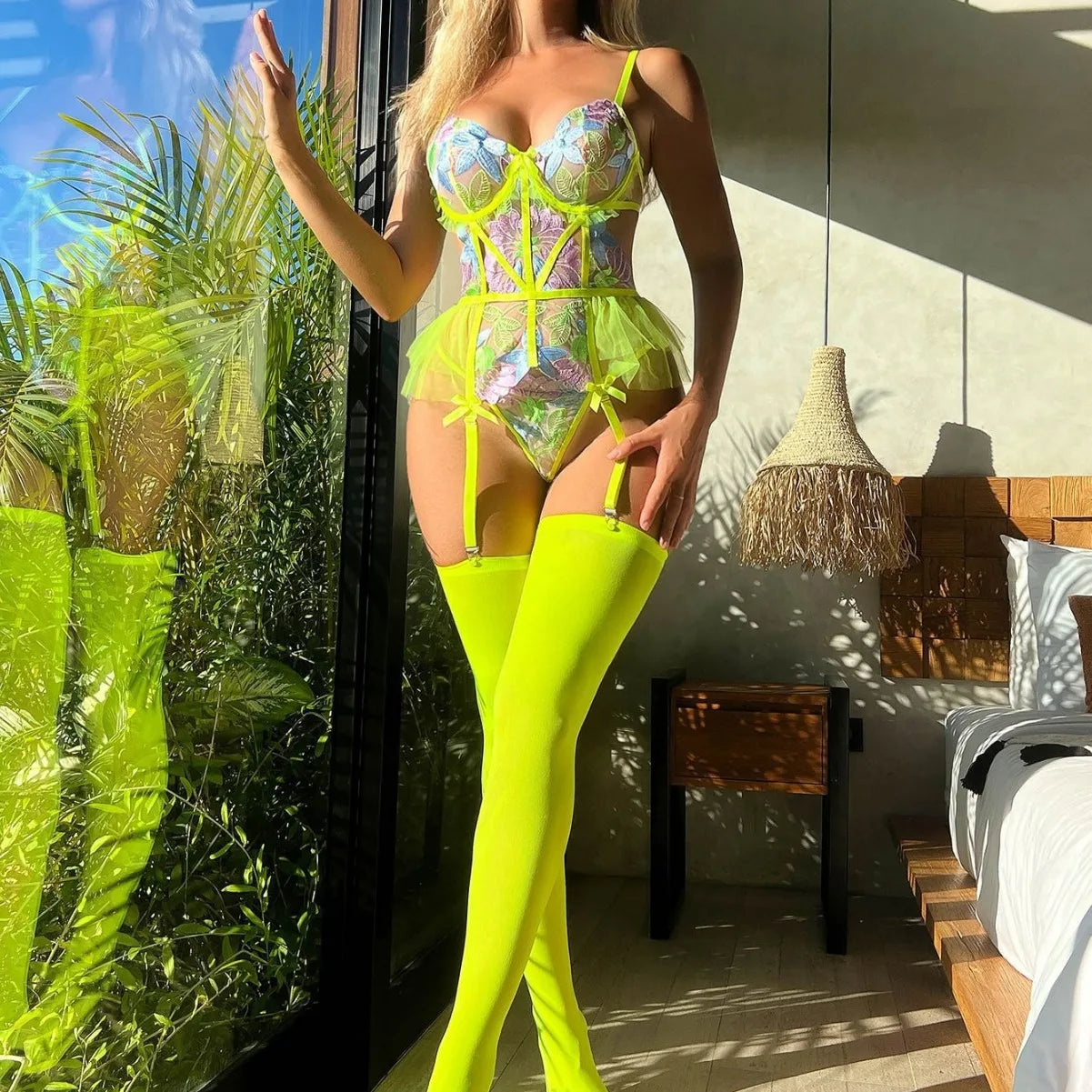 Fluorescent Green Corset Set