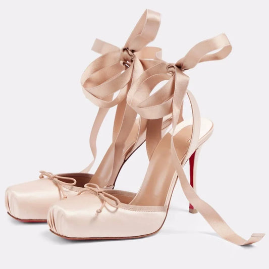 Square Satin Ballerina High-heeled With Ankle Straps