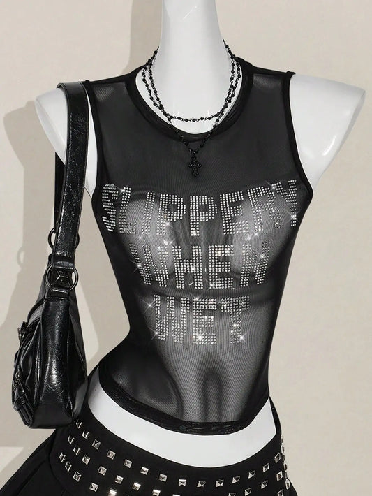 Y2K Black Mesh Rhinestone SLIPPERY WHEN WET Sheer Top