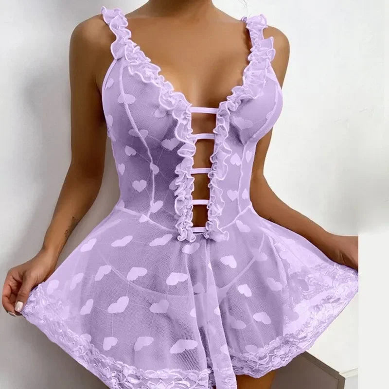 Deep V Neck Heart Underwear Set Nightgown