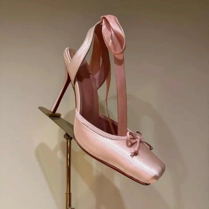 Square Satin Ballerina High-heeled With Ankle Straps