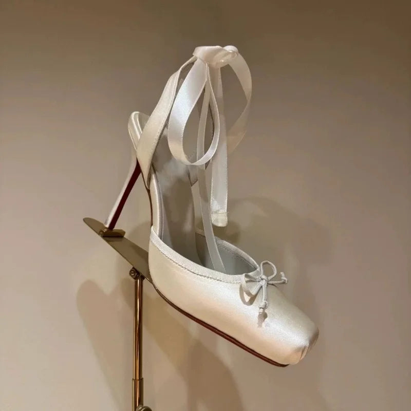 Square Satin Ballerina High-heeled With Ankle Straps