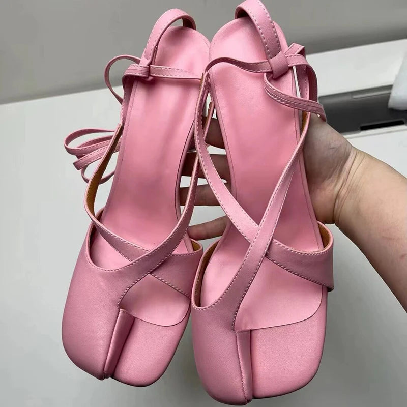 Summer spilt toe heel lace up slides