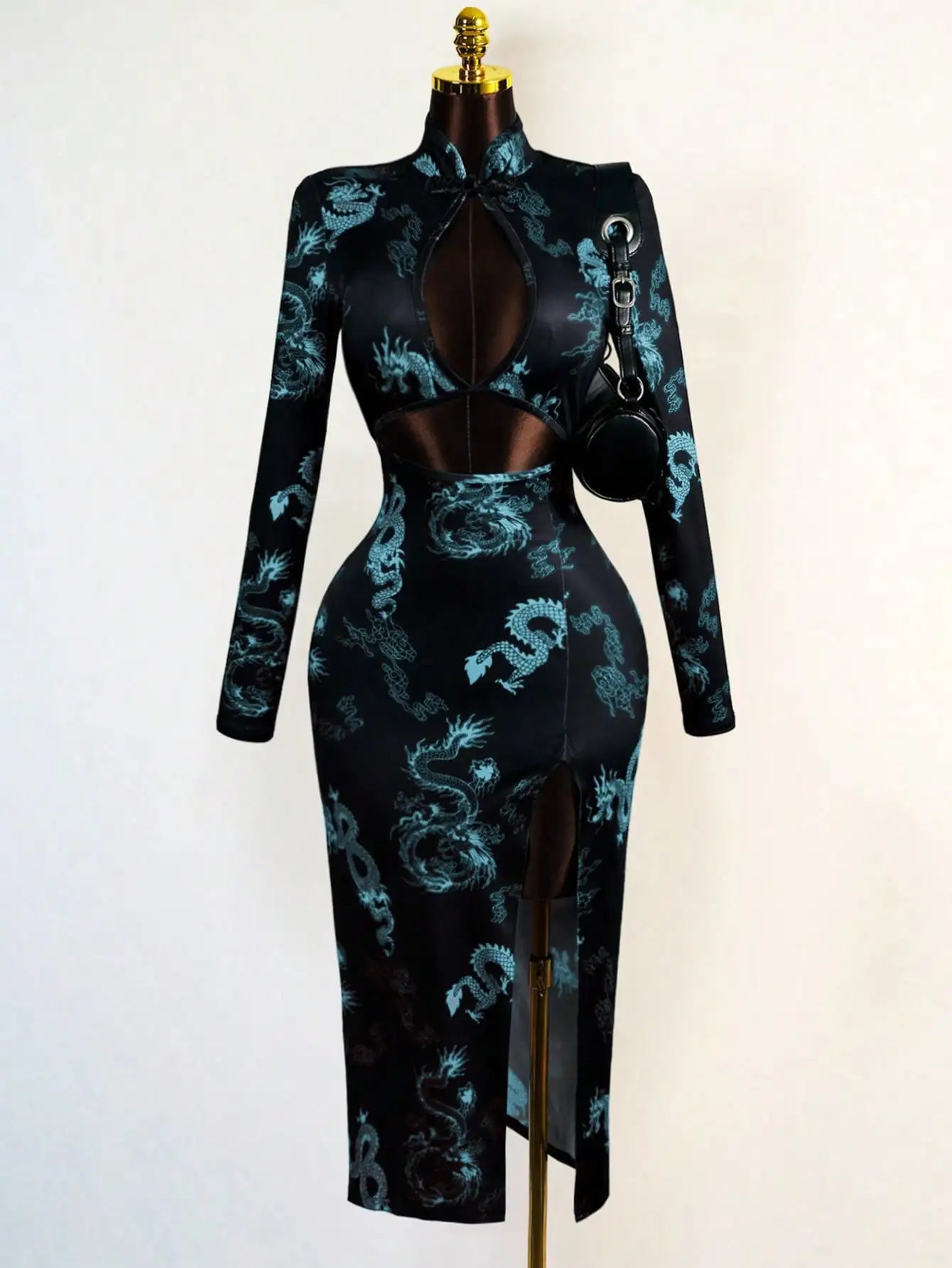 Dragon Print Faux Dress with Hollow Front & High Slit