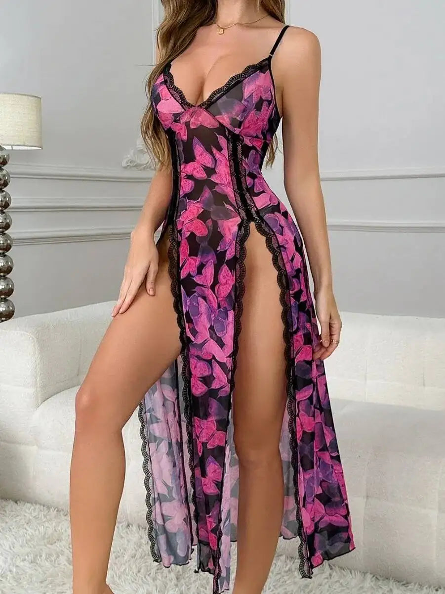 Pink butterfly Nightdress Backless Deep V