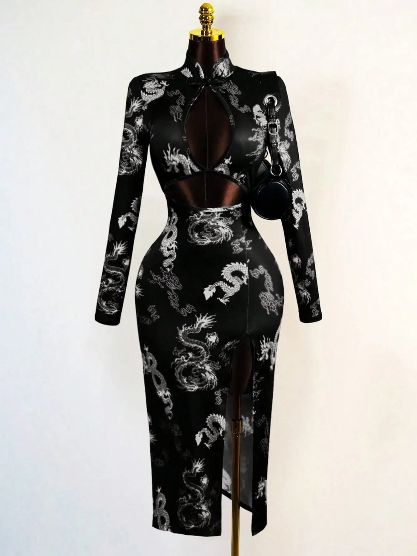 Sexy Dragon Print Dress with Hollow Front & High Slit