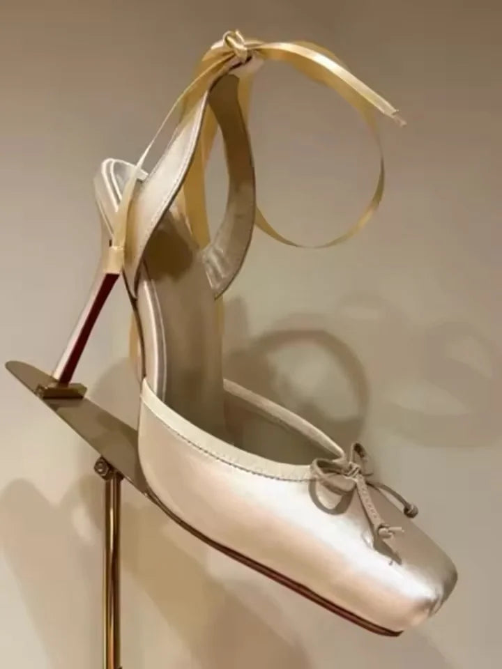 Square Satin Ballerina High-heeled With Ankle Straps