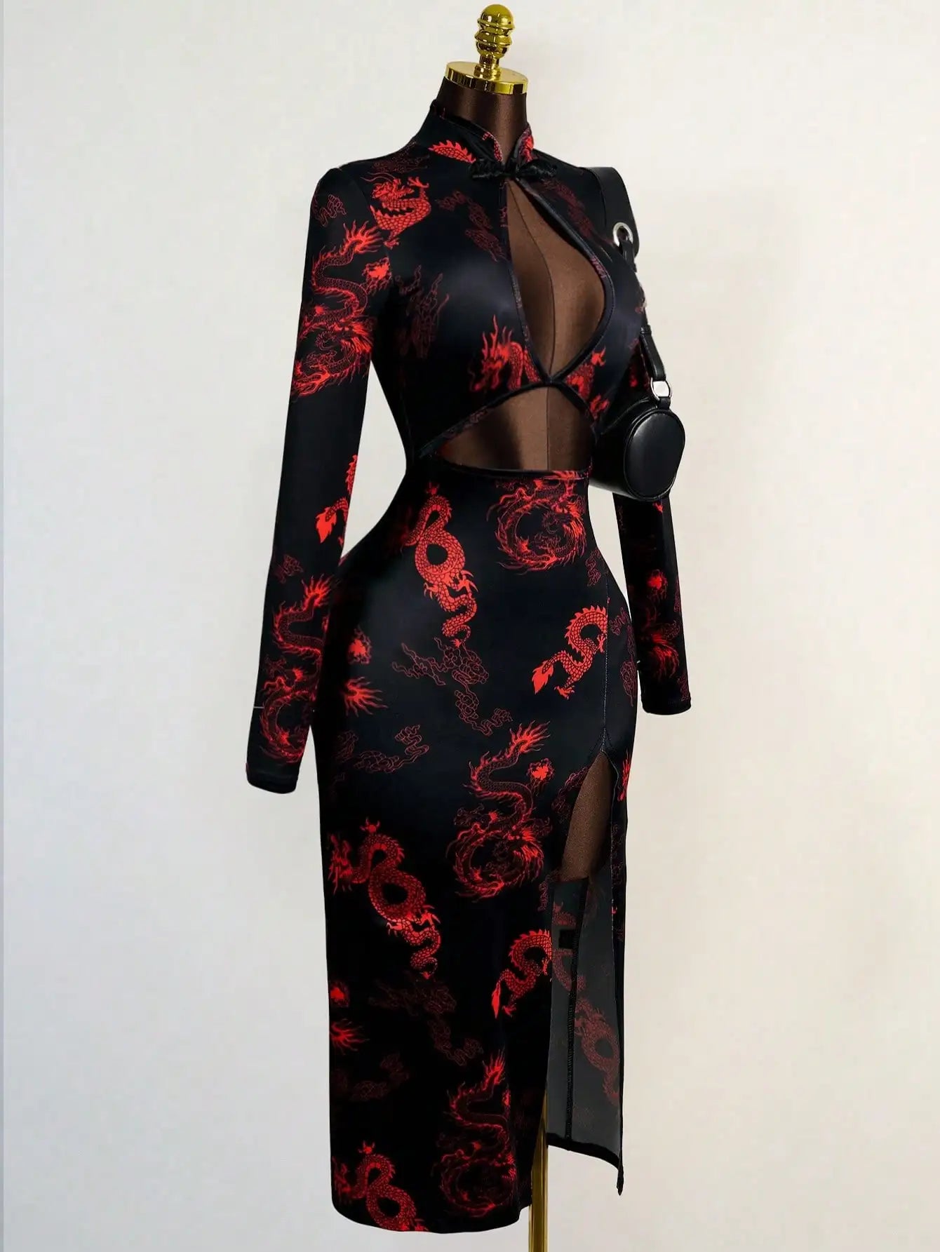 Dragon Print Faux Dress with Hollow Front & High Slit