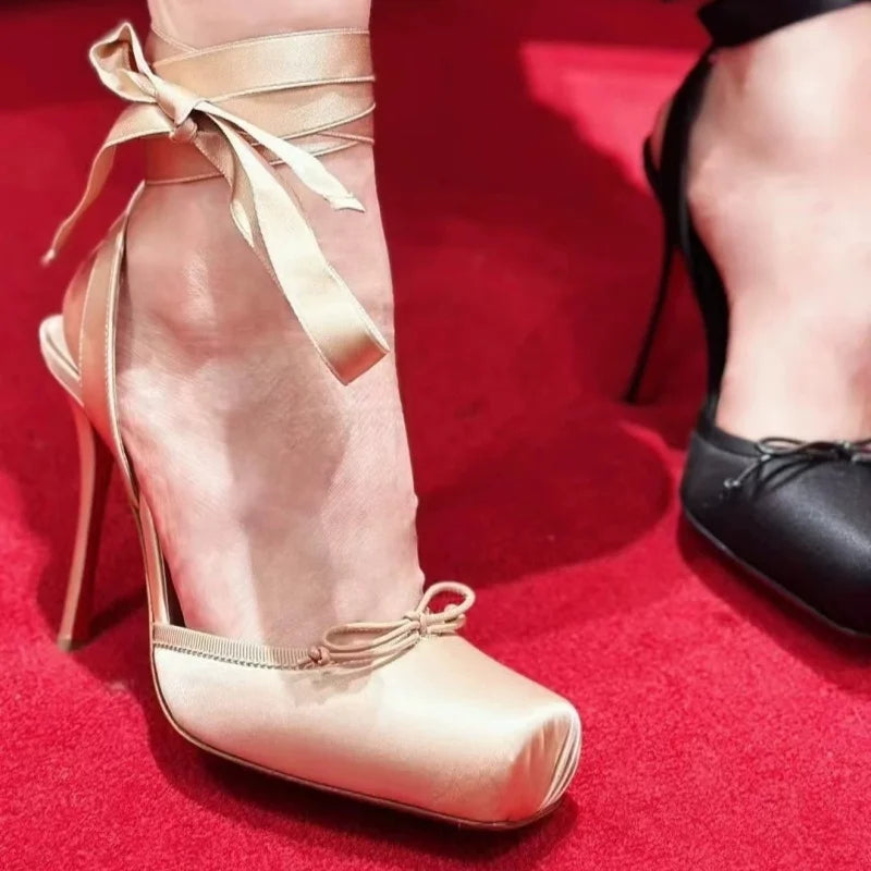 Square Satin Ballerina High-heeled With Ankle Straps