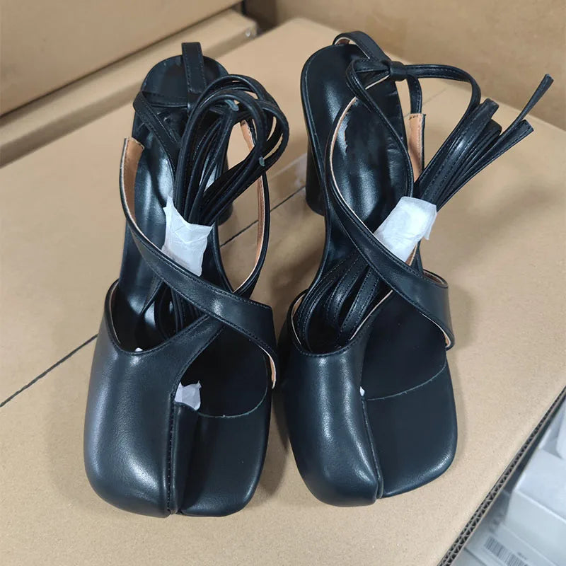 Summer spilt toe heel lace up slides