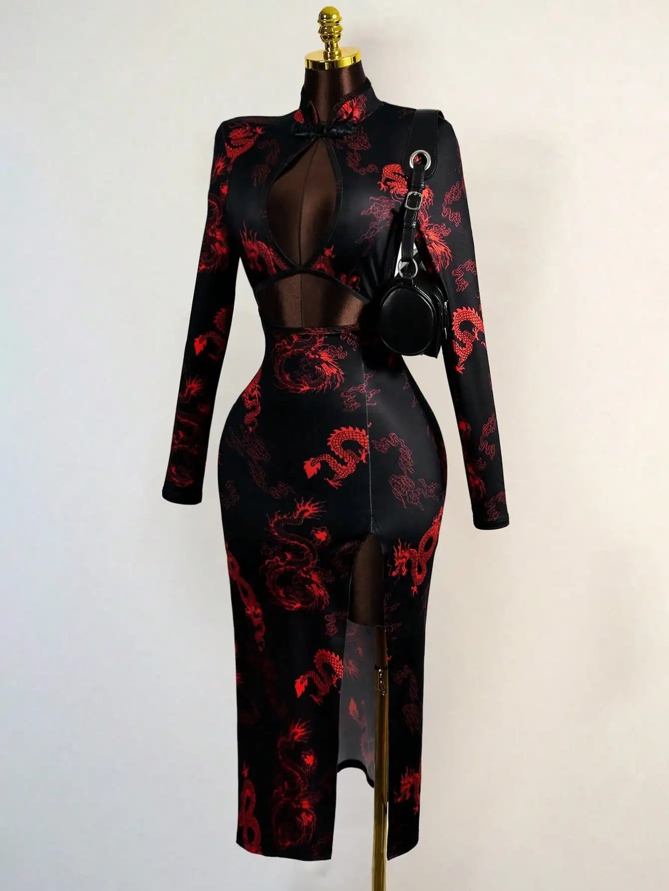 Sexy Dragon Print Dress with Hollow Front & High Slit