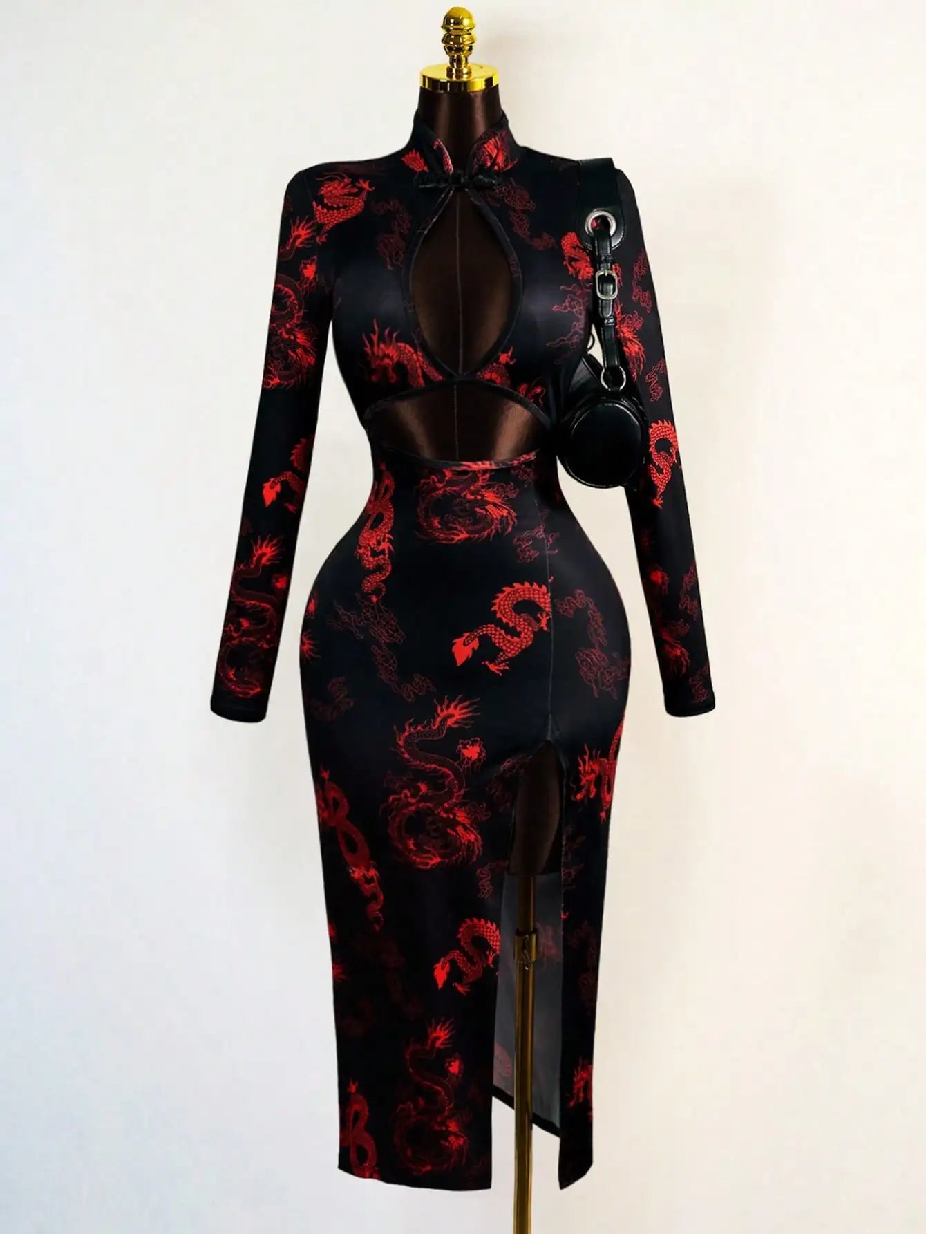 Dragon Print Faux Dress with Hollow Front & High Slit