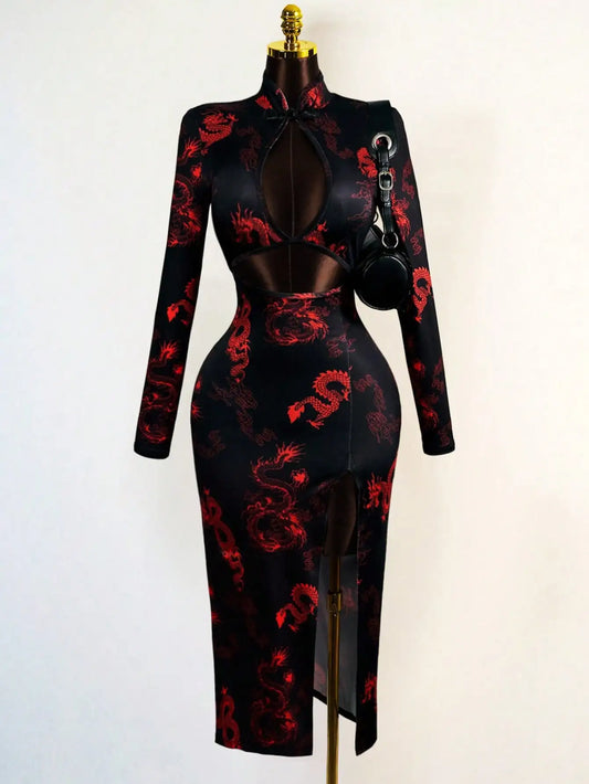 Dragon Print Faux Dress with Hollow Front & High Slit